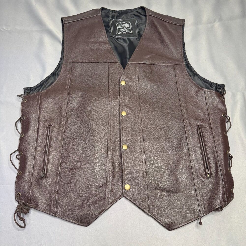 Mens Genuine Leather Motorcycle Biker Vest Brown Side Lace Snap Front Size XL